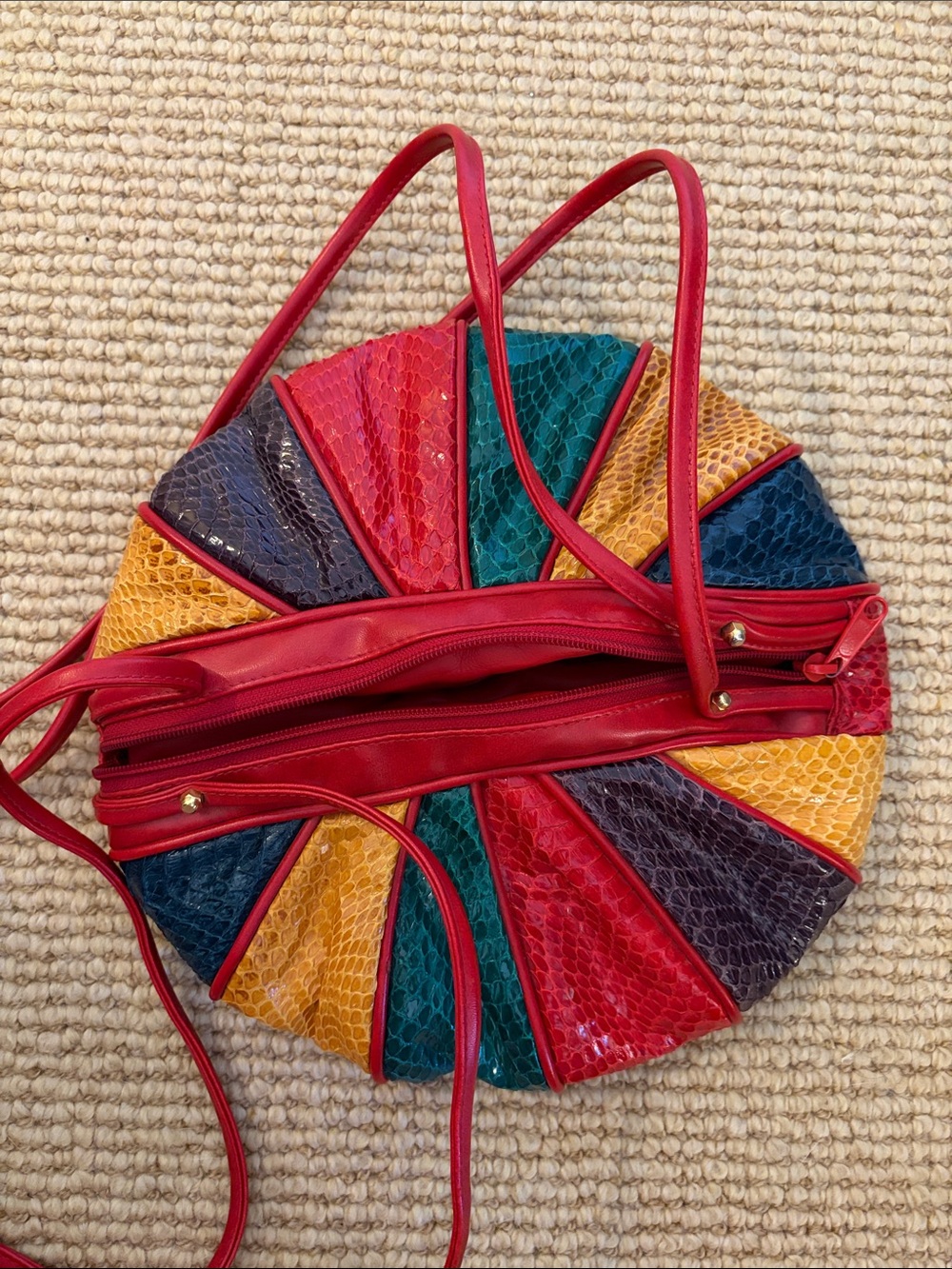 J Reneé Multicolor Round Patchwork Leather Shoulder Bag - Red Trim